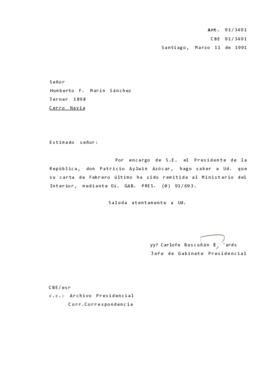 Carta remitida al Ministerio del Interior
