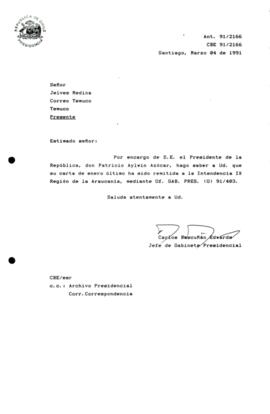 [Carta de respuesta del Jefe de Gabinete Presidencial sobre correspondencia remitida a la Intendencia IX Región de la Araucania]