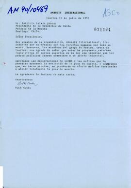 [Carta de Ruth Cooke miembro de Amnistía Internacional Grupo Merton, Londres abogando por la probición de la pena de muerte y la defensa de presos políticos sometidos a juicios imparciales]