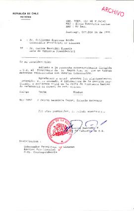 [Oficio del Jefe de Gabinete Presidencial dirigido al Gobernador Provincial de Linares, Sr. Guillermo Espinoza Acuña]