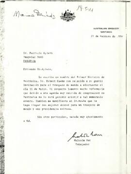 [Carta de la Embajada de Australia en Chile declinando invitación a traspaso de mando].