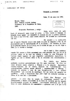 Carta del Embajador de Chile en Francia explicando su viaje a Chile