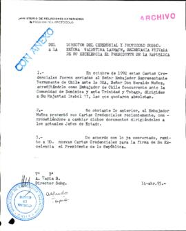 [Carta de la Dirección de Protocolo del Ministerio de RREE por nuevas cartas credenciales]