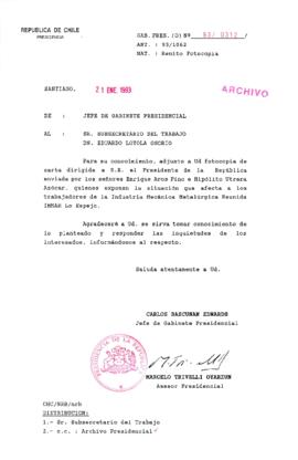 [Oficio Ord. N° 312 de Jefe de Gabinete Presidencial, remite copia de carta que se indica]