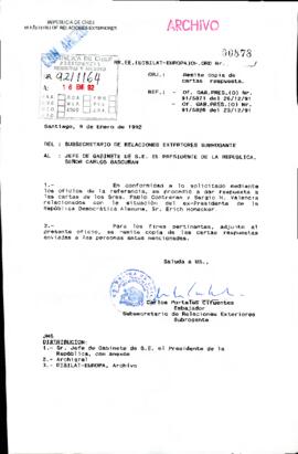 [Carta del Subsecretario de Relaciones Subrogante dirigida al Jefe de Gabinete Presidencial, referente a situación de Sr. Erich Honecker]