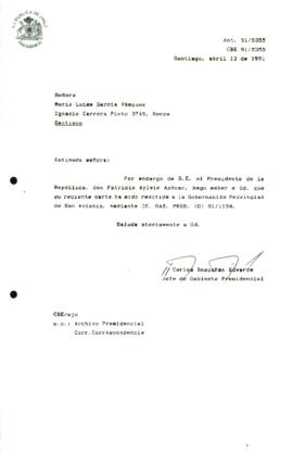 Carta remitida a la Gobernación Provincial de San Antonio, mediante Oí. GAB, PRES. (O) 91/1154.