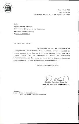 [Carta de respuesta dirigida al Sr. Jacobo Pérez acusando recibo de Declaración de Comunidad Latinoamericana de Naciones]