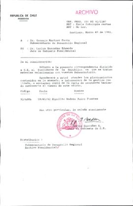 [Carta del Jefe de Gabinete de la Presidencia a Subsecretario Desarrollo Regional y Administrativo]