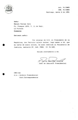 Carta remitida al Ministerio de Justicia, OF. GAB. PRES. (O) 91/409