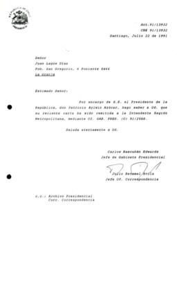 [Carta de respuesta por remisión de correspondencia enviada al Presidente, redirigiéndola  a la Intendente Región Metropolitana ]