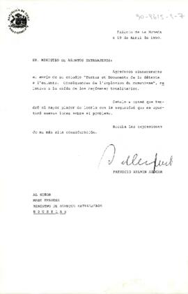 [Carta del Presidente Aylwin al Ministro de Asuntos Extranjeros de Bélgica].