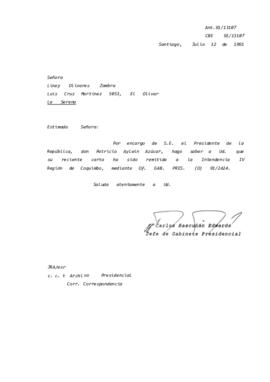 Carta remitida a la Intendencia IV Región de Coquimbo