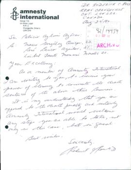 [Carta de miembro de Amnistía Internacional dirigida al Presidente Patricio Aylwin referente a conmutar la pena de muerte]