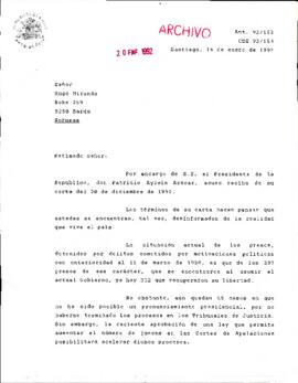 [Carta de respuesta del Jefe de Gabinete Presidencial ante molestia de particular por situación de Erick Honecker]