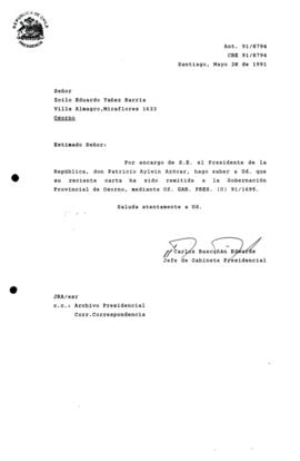 Carta remitida a la Gobernación Provincial de Osorno, mediante Of. G A B . PRES. (0) 91/1695.