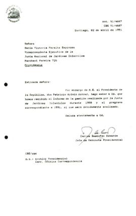[ Carta  acusando recibo del Informe de la gestión realizada por la Junta de Jardines Infantiles ...