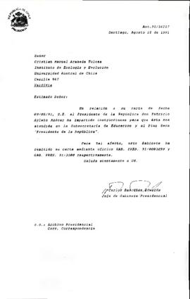 [Carta de respuesta enviada al Sr. Cristian Araneda remitiendo su caso a Subsecretaría de Educación]