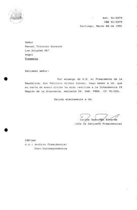 Carta remitida a la Intendencia de la IX Región de la Araucanía