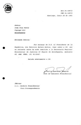 [Carta de respuesta por remisión de correspondencia enviada al Presidente, redirigiéndola   a la Secretaría Regional Ministerial de Justicia II Región de Antofagasta]