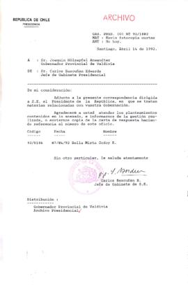 [Carta del Jefe de Gabinete de la Presidencia a Gobernador Provincial de Valdivia]