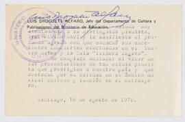 Nota de agradecimiento a la pianista Elvira Savi desde el Departamento de Cultura y Publicaciones del Ministerio de Educación, de su Jefe, sr. Luis Droguett Alfaro