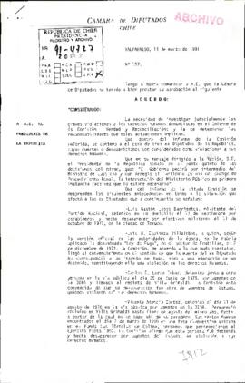 [Carta de la Cámara de Diputados sobre caso de muerte y desaparición de tres ex Diputados de la República]