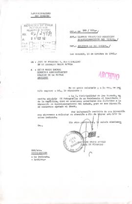 [Oficio Ord. N° 188/533 de Jefe de Finanzas Municipalidad de San Rosendo, solicita fotografías oficiales del Presidente]