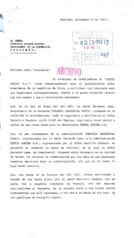 [Carta de Sindicato de Trabajadores de Textil Andina S.A.]