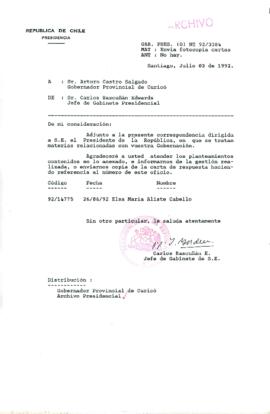 [Carta del Jefe de Gabinete de la Presidencia a Gobernador Provincial de Curicó]