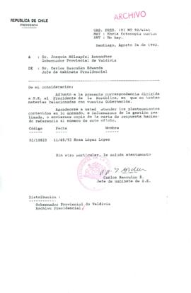 [Carta del Jefe de Gabinete de la Presidencia a Gobernador Provincial de Valdivia]