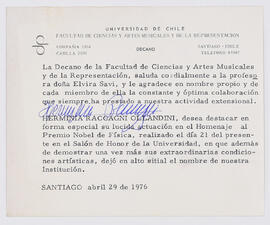 Nota de agradecimiento a la profesora Elvira Savi desde el Decanato de la Facultad de Ciencias y Artes Musicales y de la Representación de la Universidad de Chile de su