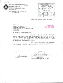[Carta del Colegio Médico de Chile solicita audiencia con el Sr. Presidente para tratar sobre la Ley de Atención Primaria]