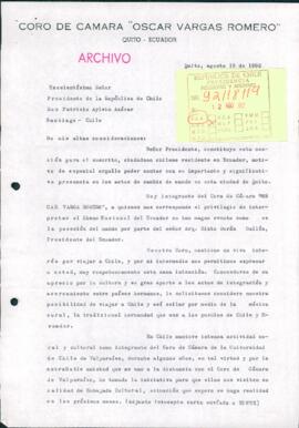 [Carta del Coro de Camara Oscar Vargas Romero de Ecuador dirigida al Presidente Patricio Aylwin]