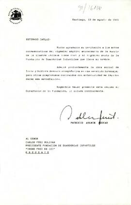 [Carta agradecimiento del Presidente Aylwin al Presidente de la Fundación de Guarderías Infantiles "Irene Frei de Cid"].