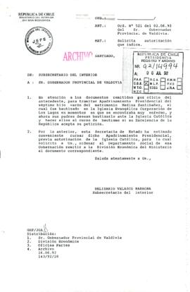[Oficio del Subsecretario del Interior dirigido al Gobernador Provincial de Valdivia]