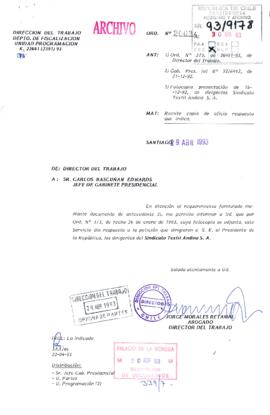 [Carta de la Dirección del Trabajo, da respuesta a solicitud del Sindicato Textil Andina S.A.]