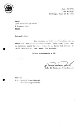 Carta remitida al Banco del Estado de Chile, mediante Of. GAB. PRES. (O) 91/1662.