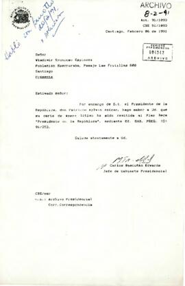 [Carta de Carlos Bascuñan informando sobre postulación a Plan Beca  "Presidente de la República"]