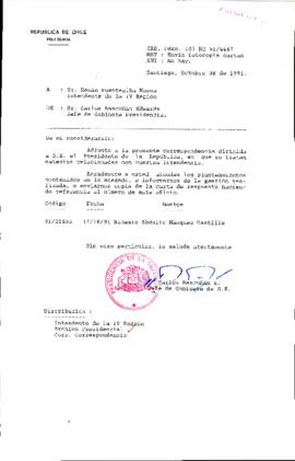 [Oficio del Jefe de Gabinete Presidencial dirigido al Intendente de la IV Región, Sr. Renán Fuentealba]