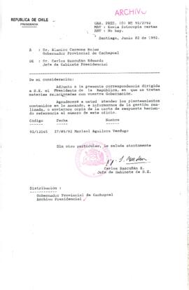 [Carta del Jefe de Gabinete de la Presidencia a Gobernador Provincial de Cachapoal]