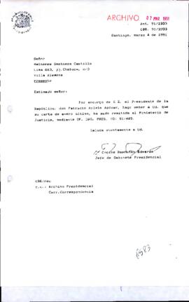 Carta remitida al Ministerio de Justicia, mediante OF. GAB. PRES. (0) 91/409.