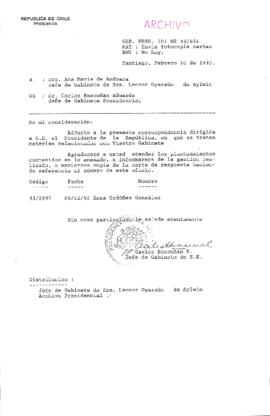 [Oficio  Gab. Pres. Ord. N° 0656  de Jefe de Gabinete Presidencial, remite copia de carta que se indica]