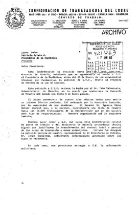 [Carta de la Confederación de Trabajadores del Cobre da respuesta a solicitud del Ministro de Minería]