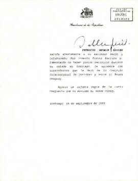 [Carta de su S.E. a  Ernesto Tironi Barrios le agradece los antecedentes que le dejó de la Comisión Internacional de Juristas y sobre la Ronda Uruguay]