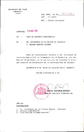 Remite fotocopia Intendente de la Región de Tarapacá.