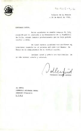 [Carta del Presidente Aylwin al Senador Vitalicio, agradeciendo felicitaciones por asunción al mandato].