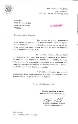 [Carta al Diputado Raúl Urrutia Ávila, sobre acciones de la Empresa Marítima S.A.]