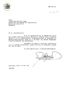 Carta de Carlos Bascuñan al Secretario Ejecutivo de la Federación de Medios de Comunicación Social de Chile F.G.