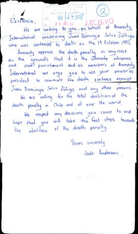 [Carta por petición de conmutación de pena de muerte a favor de Juan Domingo Salvo]