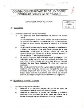 Contenidos de proyecto de ley sobre contrato individual de trabajo.